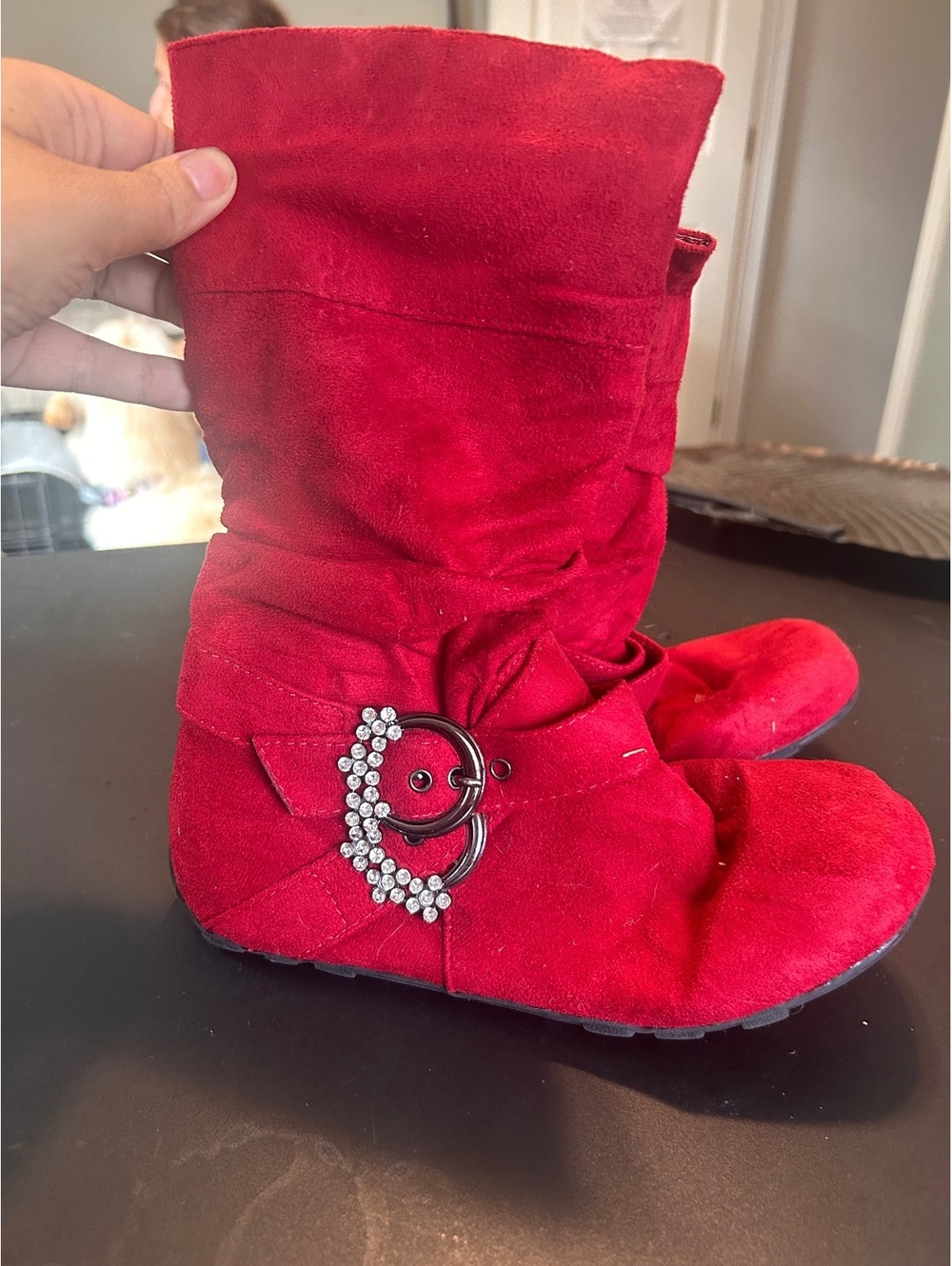Red Suede Mid-Calf Boots with Rhinestone Buckle Accent